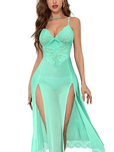 Image of Foxiny Sexy Split Mesh Lace Floral Sheer Babydoll Lingerie Outfit Dress 2 Piece with Thong Set