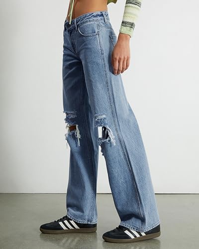 Womens Mid Waisted Wide Leg Jeans Distressed Baggy Boyfriend Denim Pants.2
