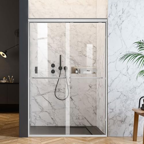 AquivaCoast Shower Door 56-60 in. W x 72 in. H Semi-Frameless Double Sliding Glass Shower Door, 1/4\" (6mm) Clear Tempered Glass, Bypass Shower Enclosure, Brushed Nicke