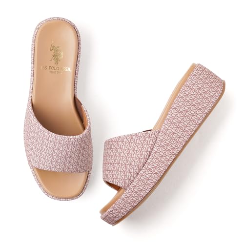 Image of U.S. POLO ASSN. Savina Brown Monogram Print Wedges With Premium Upper