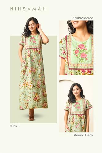 Image of NIHSAMAH Cotton Nighty for Women - Printed Stylish Night Gown, Comfortable Sleepwear Long Nightwear, Maxi