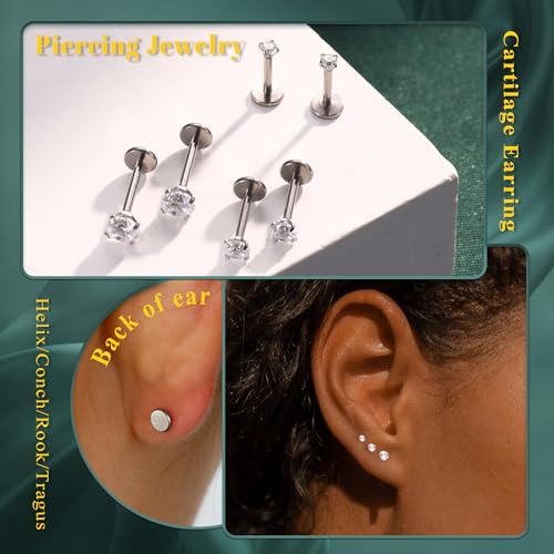G23 Titanium Flat Back Earrings Hypoallergenic - 14K Gold Filled Internal Thread Stud Earring 16G 18G Cartilage Helix Tragus Conch Piercing Jewelry Nose Lip Labret Studs for Women Men 3 Pairs2