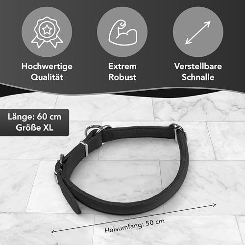 Rund & Weich - Zugstopp Hundehalsband Schwarz XL - 60cm Lederhalsband mit Zugbegrenzung und Verstellbarer Schnalle, Dressurhalsung, Zugstopper, robust, Rindsleder