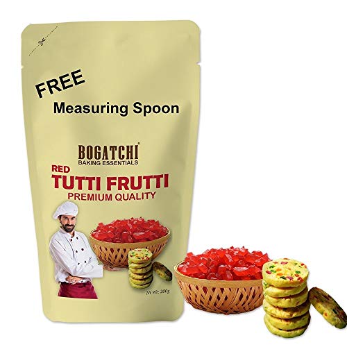 Image of BOGATCHI Red Tutti Frutti for Decorations, Sprinkles for Cakes and Ice-Creams, Red Tutti Frutti, Delicious and Tasty, 200g with Free Measuring Spoon