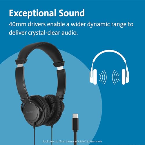 Image of Kensington Classic EQ USB-C Headphone, 6 ft (1.8m) Nylon Braided Cord, for School, Kids, Adults, Padded Adjustable Headband, Black (K97456WWB)