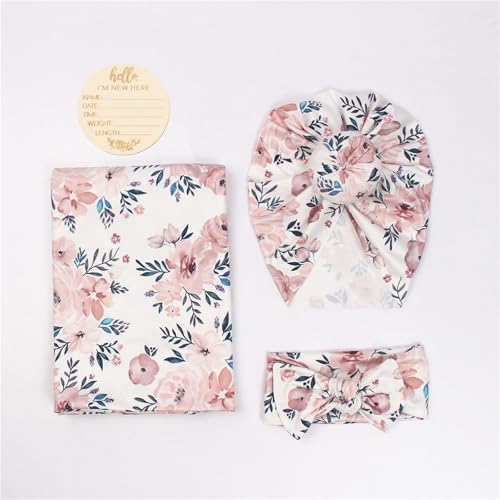 Image of Baby Receiving Swaddle Blanket and Headband Sets with a Name Card for Baby Girl (Pink and Blue Floral)