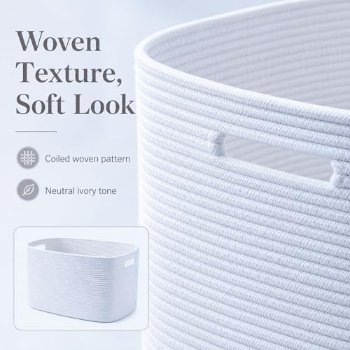 Image of Cotton Rope Laundry Basket Small, 12.8GAL Collapsible Woven Storage Baskets for Living Room Kids Toys Stuffed Animal,Boho Rectangular Decorative Short Hamper for Dirty Clothes, Blankets Pure White