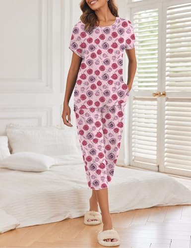 Image of Ekouaer Women's Capri Pajama Sets Print Short Sleeve Sleepwear Top and Capri Pants Soft Loungewear with Pocket