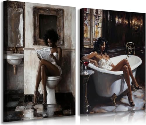 Affiche salle de bain femme noire lisant journal grand format 70x90cm x2