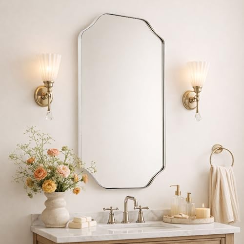 Image of TEHOME Polished Nickel Scalloped Bathroom Mirror, 32x24'' Polished Silver Asymmetrical Bathroom Vanity Mirror for Wall