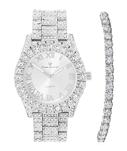 Charles Raymond Women's Big Rocks Bezel Colored Dial w/Roman Numerals Fully Iced Out Watch and Matching Beautiful Sparkling Tennis Bracelet Set - ST10327LA (TLA Silver - Silver)