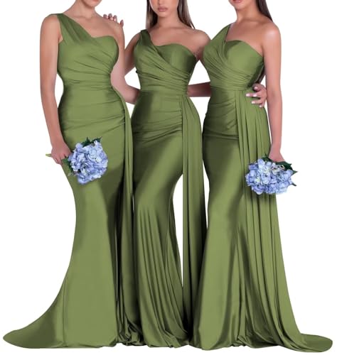 Image of One Shoulder Bridesmaid Dresses for Wedding Long Satin Bodycon Prom Dress Mermaid Formal Evening Gowns