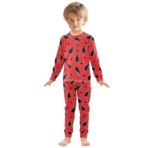Pajama Sets Long Sleeve Black Cats Red Background Soft Comfy Sleepwear 2 Piece PJS 3-8T2