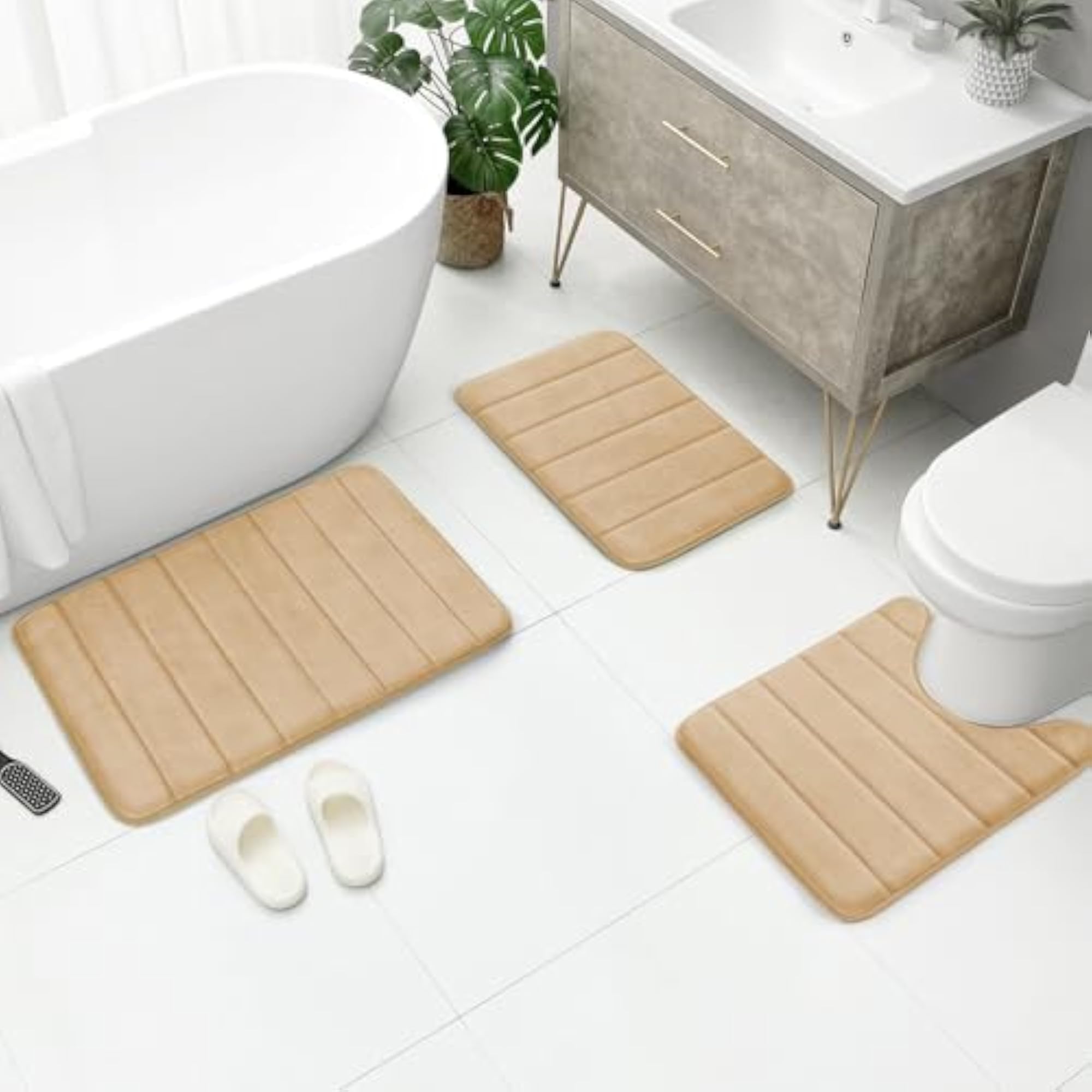 Beige/Camel 3 Piece Non Slip Bathroom Rug Set