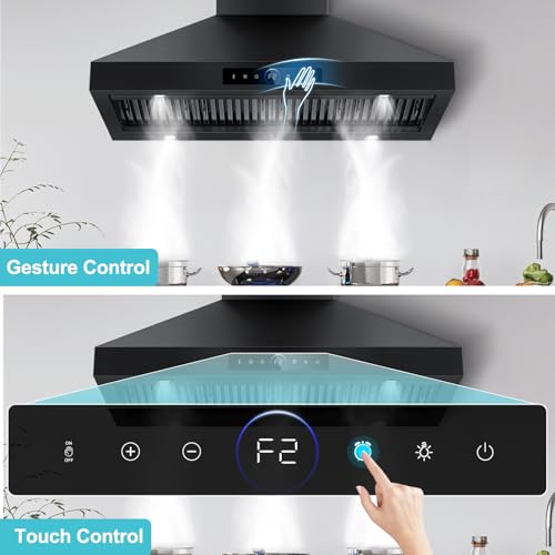 Image of 48 inch Range Hood Wall Mount, 1500 CFM with 4-Speed Gesture Sensing & Touch Control, Stainless Steel Ducted Kitchen Stove Vent Hoods with 4 LED Lights, Time Setting, Dishwasher-Safe Baffle Filters