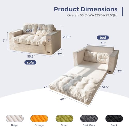 MAXYOYO Convertible Sofa Bed, Pull Out Loveseat Sleeper Sofa, 2 in 1 Folding Couch Bed, Fold Out Floor Couch with Pillows for Living Room Bedroom Lounge, Beige