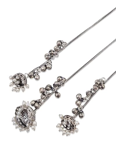 Image of Kashmiri Earrings for Women |Square Stone Fan Chain Earring | Ethnic Oxidised Silver Long Chain for Girls Bridal Festive |Gift for Girls Women