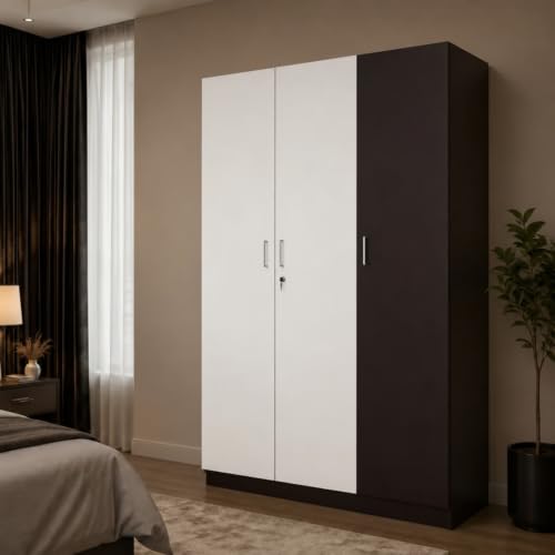 Image of GRATUS 3 Door Wardrobe - Compact Engineered Wood Cupboard Without Drawer for Clothes Storage, Modern Bedroom Organizer - 180 x 105.5 x 45 cm Wenga White