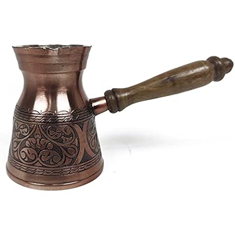 Brass Copper finish Engraved Hammered Turkish Greek Arabic Coffee Pot with Wooden Handle, Stovetop Coffee Maker (Matte) Cover