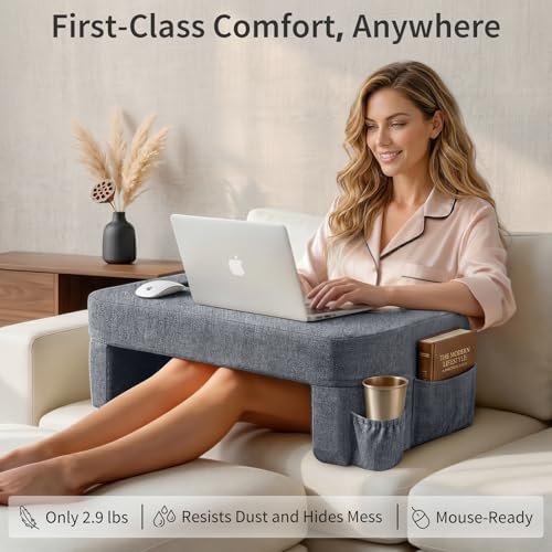 Image of Septsun 26 inch Extra Wide Lap Desk Pillow, Laptop Desk for Couch and Bed | Modern gray large soft foam workstation with ergonomic armrest elbow relief; mouse-ready fabric, cup holder, sofa gaming