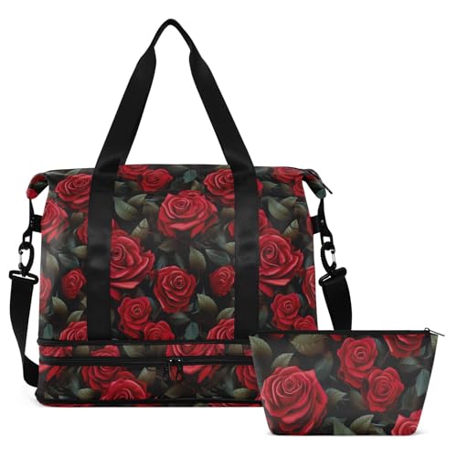Red Roses Gym Bag for Women & Men,Duffel Bag with Shoe Pocket,Weekender Overnight Bag with Trolley Sleeve for Travel 21214972