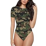 WOEZKEX Women's Green Camouflage Army Camo Short Sleeve Long Sleeve Bodysuit Basic T Shirts Tops