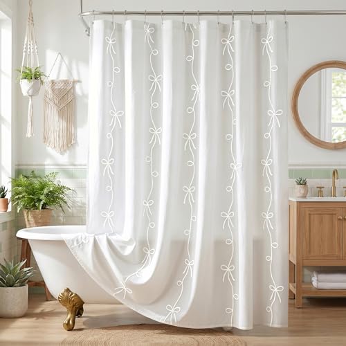 Seasonwood White Bow Shower Curtain Cute Cording Bow Embroidery Shower Curtain Pretty Girly Shower Curtains for Bathroom Aesthetic Bathroom Decor(White 72x72 Inches)