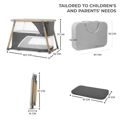 Kinderkraft Kinderreisebett 4 in 1 SOFI, Babybetten, Kinderbett, Baby Zustellbett, Reisebett mit Zubehör, mit Laufgitterfunktion, Modernes Design, Kleine Abmessungen nach Zusammenklappen, Grau