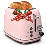 Toaster 2 slice, KitchMix Retro Stainless Steel Toaster with 6 Settings, 1.5 In Extra Wide Slots, Bagel/Defrost/Cancel Function, Removable Crumb Tray (Baby pink)