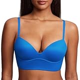 DOBREVA Women's Push Up Wireless Bra Padded T Shirt Bras No Underwire Plunge Bralette Island Blue 34B