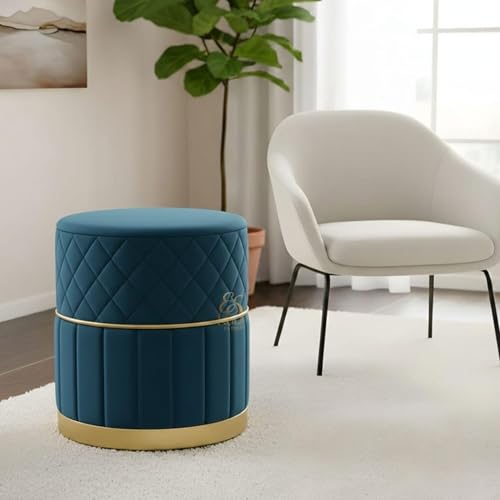 Image of ENIQE STORE Set of 2 Round Velvet Ottoman Footstool Gold Base - Tufted Upholstered Pouffe Stool for Living Room, Bedroom & Dressing Area (Aqua)
