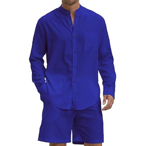 RPOVIG Linen Outfits For Men Summer Sets 2 Pieces Beach Vacation Clothes Long Sleeve Casual Shirts Shorts Henley Suits Cover