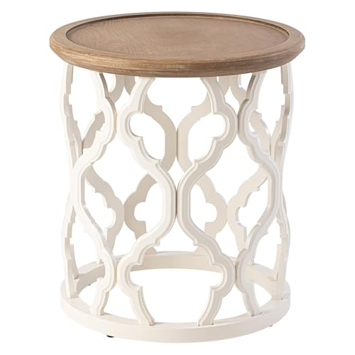 Farmhouse End Table, Distressed Tray Top Side Table with Curved Motif Frame Base for Boho, Rustic, French Country, Small Space, Round, White