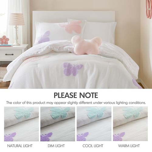 Image of Intelligent Design Kids Girls Butterflies Multi Twin Comforter Set, 3pc | Children Bedding, Back to School, Tufted Chenille, Pink Polka Dot, Reversible, Machine Washable, Easy Care