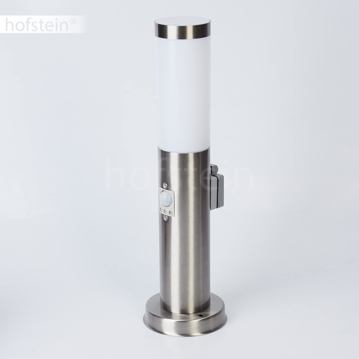 Lampada da esterno Sessa con rilevatore di movimento e presa di corrente, base in metallo/plastica in nichel opaco/bianco, luce di percorso 45,5 cm, lampada da giardino, E27, IP44,senza lampadina/e