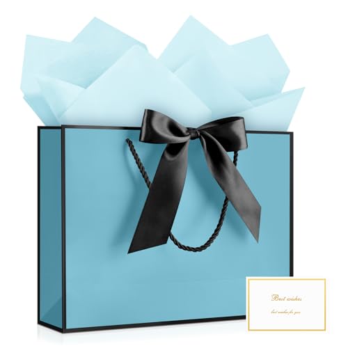 Image of JMANNI Gift Bags with Handles, 13 inch Medium Gift Bag for Presents, 1 Pcs Bags with 2 Tissue Paper and 1 Cards for Graduation Baby Shower Wedding Fathers Day Mother's Day Birthday Party (Bule-Blcak