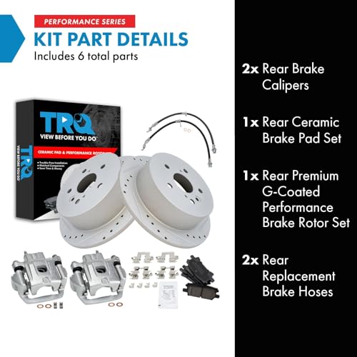 Image of TRQ Performance Rear Brake Pad and Rotor Set Ceramic Slotted Drilled Coated Calipers Compatible with 04-06 Lexus RX330 06-08 RX400h 07-09 RX350 06-07 Toyota Highlander with All Wheel Drive