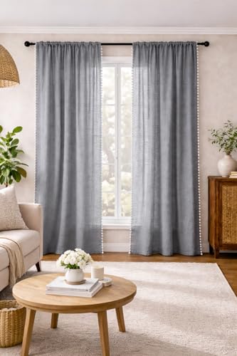 Image of THE LINEN COMPANY Sheer Curtains Cotton Curtains with Pom Pom Lace Rod Pocket Window Curtains Light Filtering Transparent Net Curtains for Window Curtains Light Grey 7 Ft Pack of 2