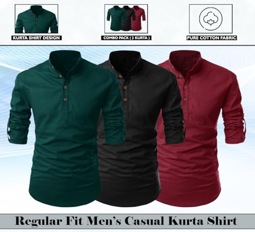 Image of FINIVO FASHION Combo of Men's Cotton Blend Solid Regular Fit Full Sleeve Straight Short Kurta Shirt, Casual and Formal Wear