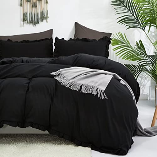 Clothknow Black Comforter Set Queen Black Ruffle Bedding Comforter Sets Men Boys Women Comforter All Black Bedding Ruffle Comforter Farmhouse Comforter Shabby Chic Bedding #TOP2