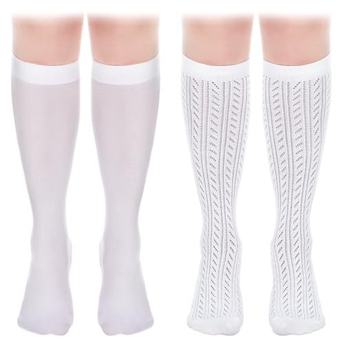 Suhine 2 Pair Oktoberfest Socks German Dirndl Knee High Socks with Bows Lace Trim Ruffle White Stockings for Women