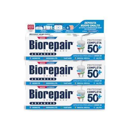 Biorepair, Dentifricio Advanced Protezione Completa 50+, 3x75 ml | Dentifricio per Adulti over 50, Con MicroRepair, Probiotici e Estratti Antiossidanti, Senza Fluoro
