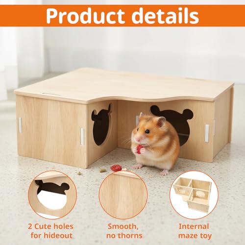 FveVqe Hamster Hides, Wood Hamster House, Multi Chamber Hides Hamsters Hideout, Wooden Houses Platform Shelter with Lid for Hamsters Small Pets Exploration - Image 3