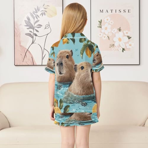 Satin Pajama Sets Short Sleeve Capybaras Swimming Lemon Button Down Silky Nightwear 2 Piece PJS 5-14Y4
