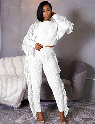 Image of KANSOON 2 Piece Sweater Set for Women Cable Knit Fringe Crop Top and Pants | Cozy feel, ribbed high waist, comfortable stretch fit for birthday and chilly going-out outfits
