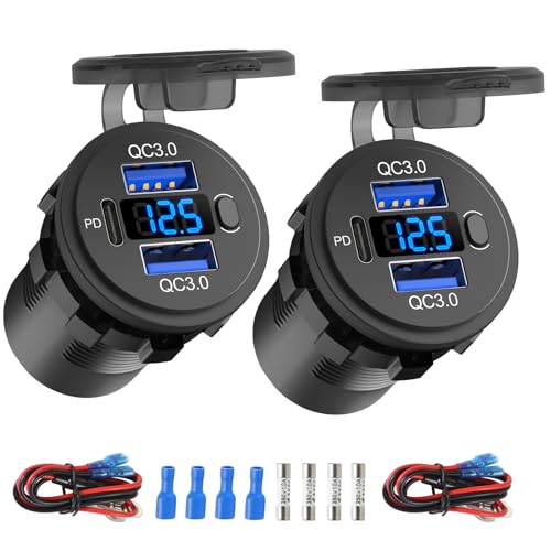 Toma USB de 12 voltios Doble Puerto de Carga rápida 3.0 y PD3.0 USB C Car Charger Socket, Enchufe Impermeable de 12V para mechero Kit DIY con voltímetro e Interruptor para Coche Barco RV camion
