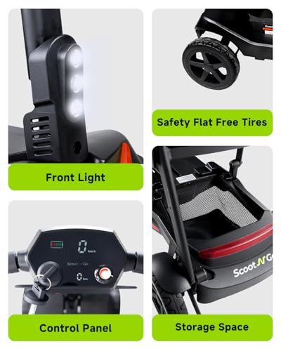 Image of SCOOTNGO Mobility Scooters for Seniors & Adults 4 Wheel Travel Mobility Scooter Airline Approved with Two Batteries, Lightweight, Foldable, No Assembly Needed (Black Red, Dual Batteries)