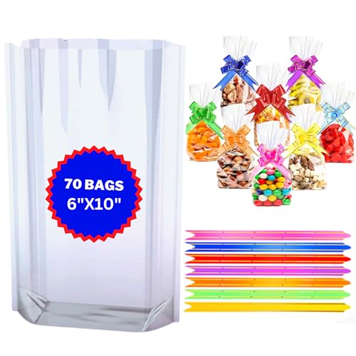 MAARA Cellophane Bags, Pack of 70 (6 x 10 Inches) Clear Cellophane Sweet Bags, Food Safe Cookie Bags Cellophane with Pull Bows, Clear Plastic Gift Bags For Sweets, Flat Bottom Clear Party Treat Bags