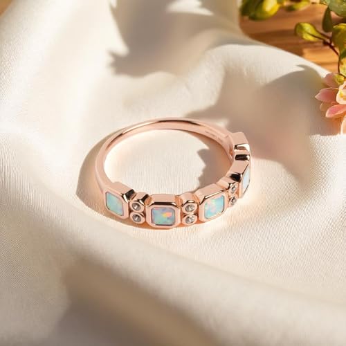 Ethiopian Opal Ring in 14K Rose Gold with White CZ Side Stones – Square Cut Gemstone Stacking Band | October Birthstone Ring Gift for Her Personalized Opal2
