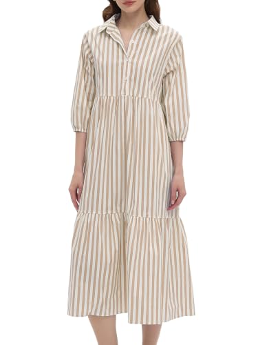 Image of EZAPINE Womens Babydoll Striped Shirt Midi Dress Puff Long Sleeve Collared Button Tunic Flowy Swing Dresses